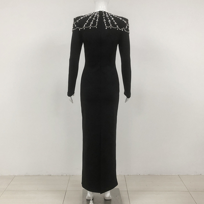 LS2566 Elegant Women's Crystal Dress Long-Sleeved Party Bandage Skirt Straight Cut for Clothing Retailers