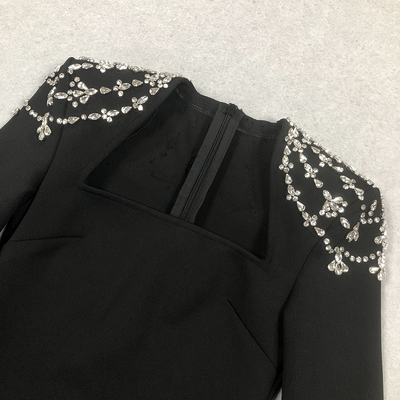 LS2566 Elegant Women's Crystal Dress Long-Sleeved Party Bandage Skirt Straight Cut for Clothing Retailers