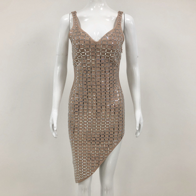 Medium Size Brown Crystal Dress Made of Bandage Material Sleeveless Party Dress Backless Nightclub Clothing from Made