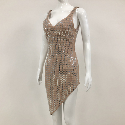 Medium Size Brown Crystal Dress Made of Bandage Material Sleeveless Party Dress Backless Nightclub Clothing from Made