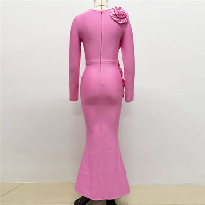 Stock Natural Waistline LS2537 Fashion Spring and Autumn Women's Long Sleeve Maxi Dress with Beautiful 3D Flower Bandage Dress