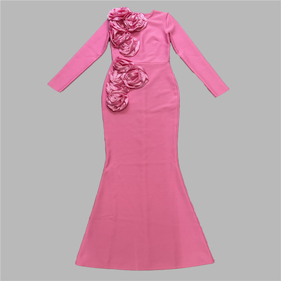 Stock Natural Waistline LS2537 Fashion Spring and Autumn Women's Long Sleeve Maxi Dress with Beautiful 3D Flower Bandage Dress
