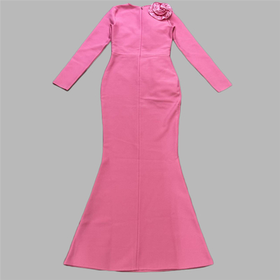 Stock Natural Waistline LS2537 Fashion Spring and Autumn Women's Long Sleeve Maxi Dress with Beautiful 3D Flower Bandage Dress
