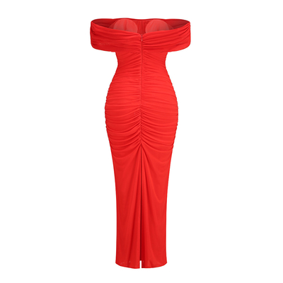 Natural Waistline Red Maxi Dress for Women's Dance Party Off-Shoulder Evening Club Dress High Fashion