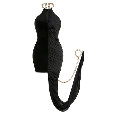 Customizable Logo SB3117 Sophisticated Backless Black Mini Dress with Pleated Detail and Figure-Flattering Fit
