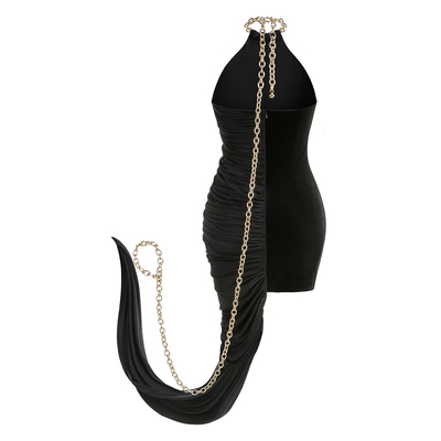 Customizable Logo SB3117 Sophisticated Backless Black Mini Dress with Pleated Detail and Figure-Flattering Fit