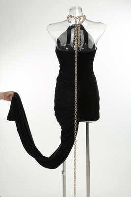 Customizable Logo SB3117 Sophisticated Backless Black Mini Dress with Pleated Detail and Figure-Flattering Fit