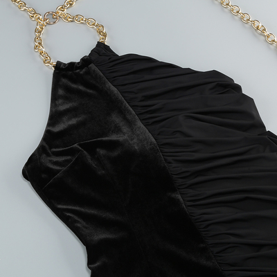 Customizable Logo SB3117 Sophisticated Backless Black Mini Dress with Pleated Detail and Figure-Flattering Fit