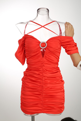 220g Fabric Weight SB2527 Summer Elegant Satin Short Sleeve Celebrity Party Outfit Tight Sexy Fashion Pleated Mini Dress