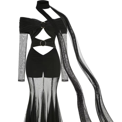 LS2492 Guangdong Origin Sexy Women's Perspective Mesh Tight-Fitting Party Nightclub Maxi Dress with Shiny Satin Fabric
