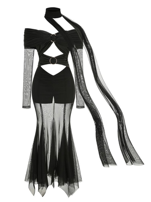 LS2492 Guangdong Origin Sexy Women's Perspective Mesh Tight-Fitting Party Nightclub Maxi Dress with Shiny Satin Fabric