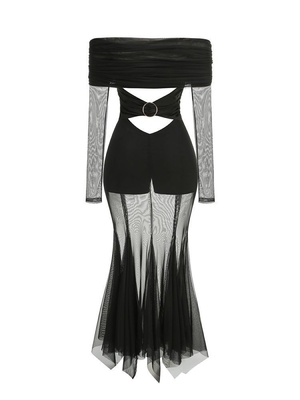 LS2492 Guangdong Origin Sexy Women's Perspective Mesh Tight-Fitting Party Nightclub Maxi Dress with Shiny Satin Fabric