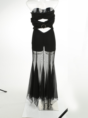 LS2492 Guangdong Origin Sexy Women's Perspective Mesh Tight-Fitting Party Nightclub Maxi Dress with Shiny Satin Fabric