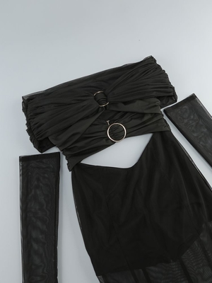 LS2492 Guangdong Origin Sexy Women's Perspective Mesh Tight-Fitting Party Nightclub Maxi Dress with Shiny Satin Fabric