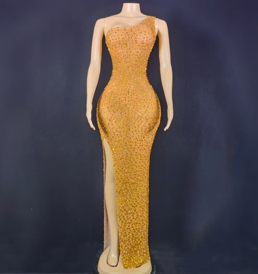 Kimshein AD2401 Handmade Crystal Rhinestone One-Shoulder Evening Dress for Fashionable Women and Formal Occasions