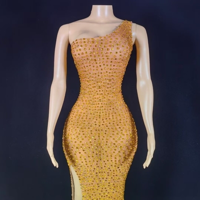 Kimshein AD2401 Handmade Crystal Rhinestone One-Shoulder Evening Dress for Fashionable Women and Formal Occasions