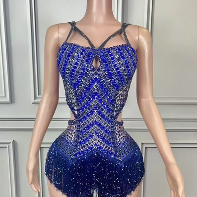 Kimshein AD2443 Blue Crystal Performance Mini Dress for Women Luxurious and Sexy Shimmering Nightclub Party Outfit