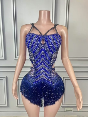 Kimshein AD2443 Blue Crystal Performance Mini Dress for Women Luxurious and Sexy Shimmering Nightclub Party Outfit