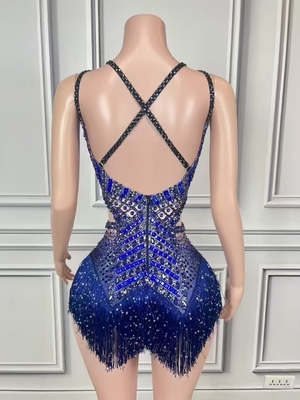 Kimshein AD2443 Blue Crystal Performance Mini Dress for Women Luxurious and Sexy Shimmering Nightclub Party Outfit