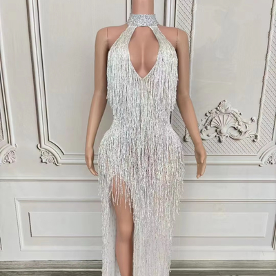 AD2440 Women's Ball Elegant and Sexy White Dress with Customizable Logo Crystal Fringe Luxurious Party Gown Evening Dress