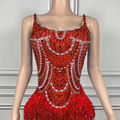 AD2442 Adult Women's Knee-Length Jumpsuit Luxurious Performance Costume with Dazzling Diamonds and Fringe