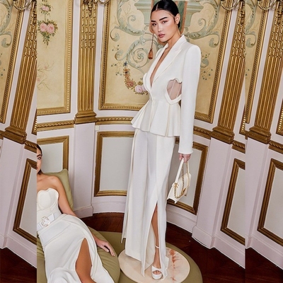 Customizable Logo Accepted SR2240 White Two-Piece Suit Pants with Decorative Hollow Design and Open Slits Women's Satin Fabric