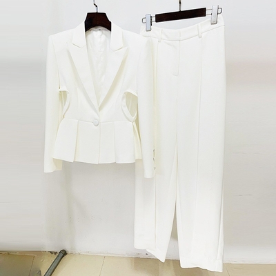 Customizable Logo Accepted SR2240 White Two-Piece Suit Pants with Decorative Hollow Design and Open Slits Women's Satin Fabric