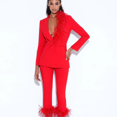 SR2231 Fashion Women's Luxurious Two-Piece Feather Sexy Club Set Luxurious Look and Feel with Polyester Material Printing