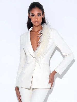 SR2231 Fashion Women's Luxurious Two-Piece Feather Sexy Club Set Luxurious Look and Feel with Polyester Material Printing