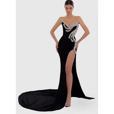 Women's Night Velvet Party Dress Floor-Length Black with Slit and Diamond Embellishments in S-L Size Ready to Ship