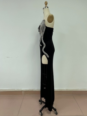 Women's Night Velvet Party Dress Floor-Length Black with Slit and Diamond Embellishments in S-L Size Ready to Ship