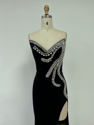 Women's Night Velvet Party Dress Floor-Length Black with Slit and Diamond Embellishments in S-L Size Ready to Ship