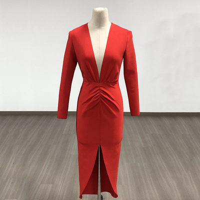 LS2540 Kimshein Fashion Collection Natural Waistline V-neck Bandage Dress for Women's Sophisticated Appearance