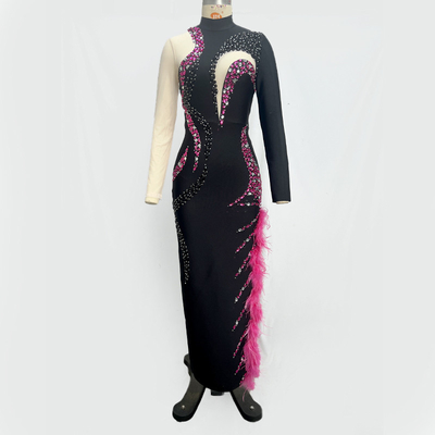 LS2542 Luxury Beaded Formal Long-Sleeve Ostrich Feather Evening Dress with Crystal and Customizable Logo