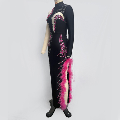 LS2542 Luxury Beaded Formal Long-Sleeve Ostrich Feather Evening Dress with Crystal and Customizable Logo