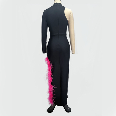 LS2542 Luxury Beaded Formal Long-Sleeve Ostrich Feather Evening Dress with Crystal and Customizable Logo