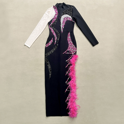 LS2542 Luxury Beaded Formal Long-Sleeve Ostrich Feather Evening Dress with Crystal and Customizable Logo