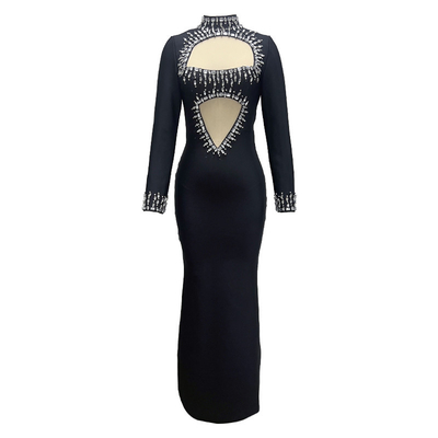 LS2548 Women's Crown Waistline Luxurious Beaded Long Sleeve Cocktail Dress with Custom Logo and Customizable Design