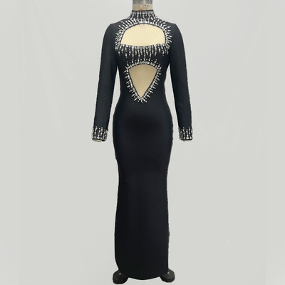 LS2548 Women's Crown Waistline Luxurious Beaded Long Sleeve Cocktail Dress with Custom Logo and Customizable Design