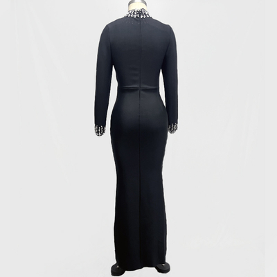 LS2548 Women's Crown Waistline Luxurious Beaded Long Sleeve Cocktail Dress with Custom Logo and Customizable Design