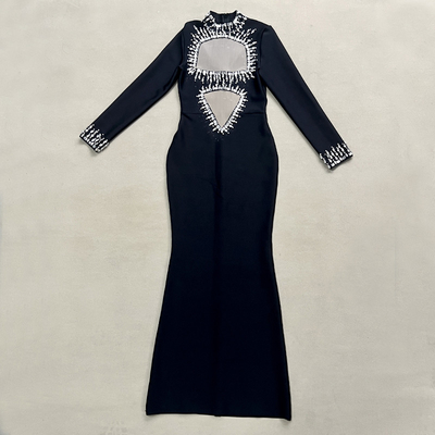 LS2548 Women's Crown Waistline Luxurious Beaded Long Sleeve Cocktail Dress with Custom Logo and Customizable Design