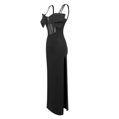 High Slit and Sheer Netting Add a Touch of Elegance to this Sexy Black Maxi Dress Perfect for a Party Look