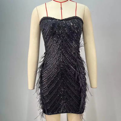 Pure Color Sexy Role Play Costume SB3262 Black Pearl Chain Shiny Mini Dress Off-Shoulder Luxurious Sexy Feather Evening Gown