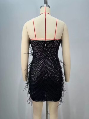 Pure Color Sexy Role Play Costume SB3262 Black Pearl Chain Shiny Mini Dress Off-Shoulder Luxurious Sexy Feather Evening Gown