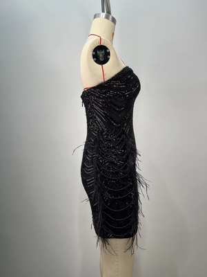 Pure Color Sexy Role Play Costume SB3262 Black Pearl Chain Shiny Mini Dress Off-Shoulder Luxurious Sexy Feather Evening Gown