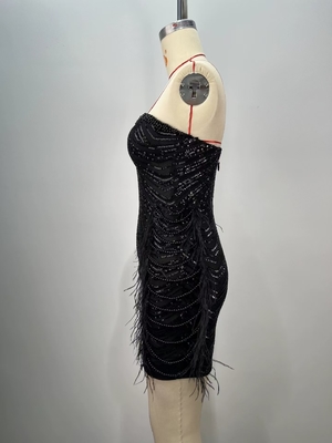 Pure Color Sexy Role Play Costume SB3262 Black Pearl Chain Shiny Mini Dress Off-Shoulder Luxurious Sexy Feather Evening Gown