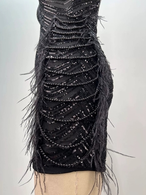 Pure Color Sexy Role Play Costume SB3262 Black Pearl Chain Shiny Mini Dress Off-Shoulder Luxurious Sexy Feather Evening Gown