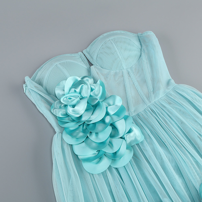 350g Elegant Sweet Style Blue Party Dress with 3D Flower Decoration and Floor-Length for Women's Elegant Birthday Celebration