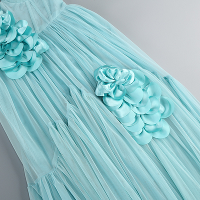 350g Elegant Sweet Style Blue Party Dress with 3D Flower Decoration and Floor-Length for Women's Elegant Birthday Celebration