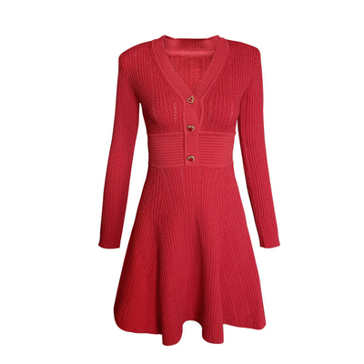 Button Decorated V-neck Long Sleeve Dress Made of KD2340 Adhesive Fabric Perfect for Office Lady's Elegant Look